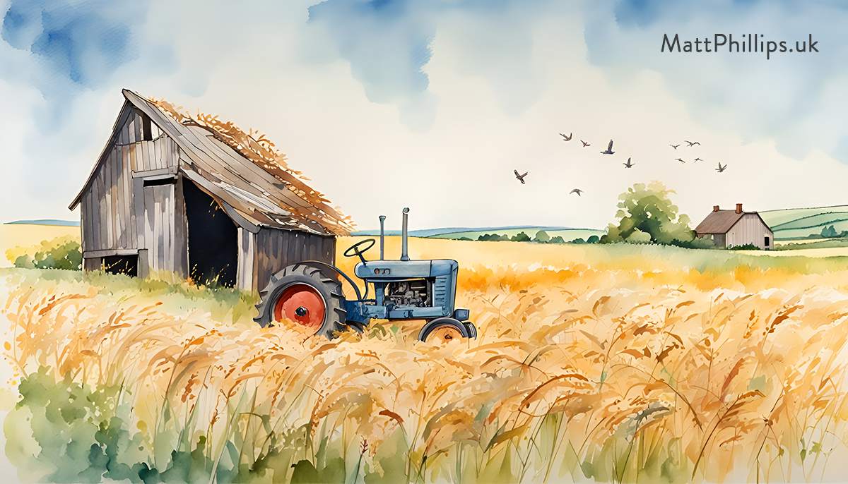 Old Blue Tractor in Wheat Field