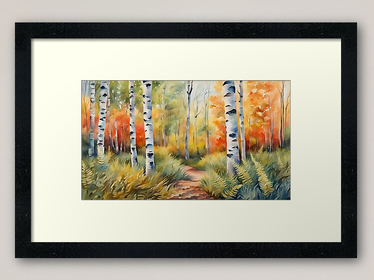 Silver Birch Trees in Colourful Woodland Framed Print