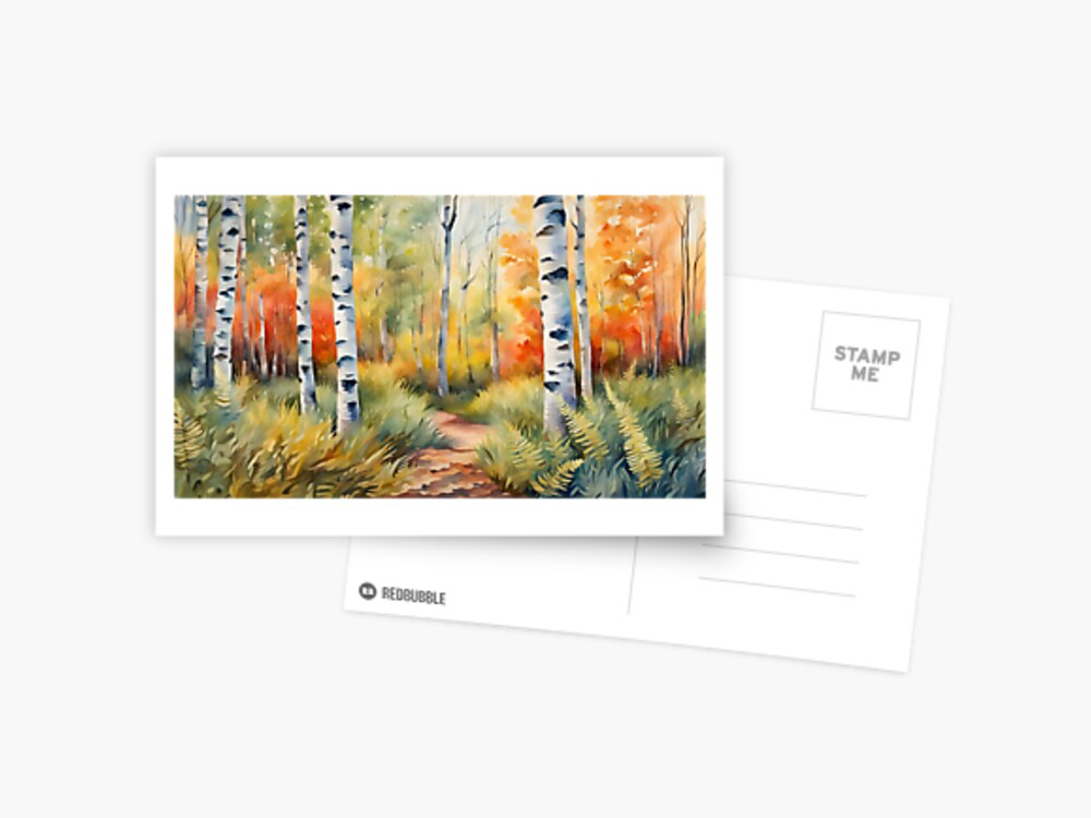 Silver Birch Trees in Colourful Woodland Postcard